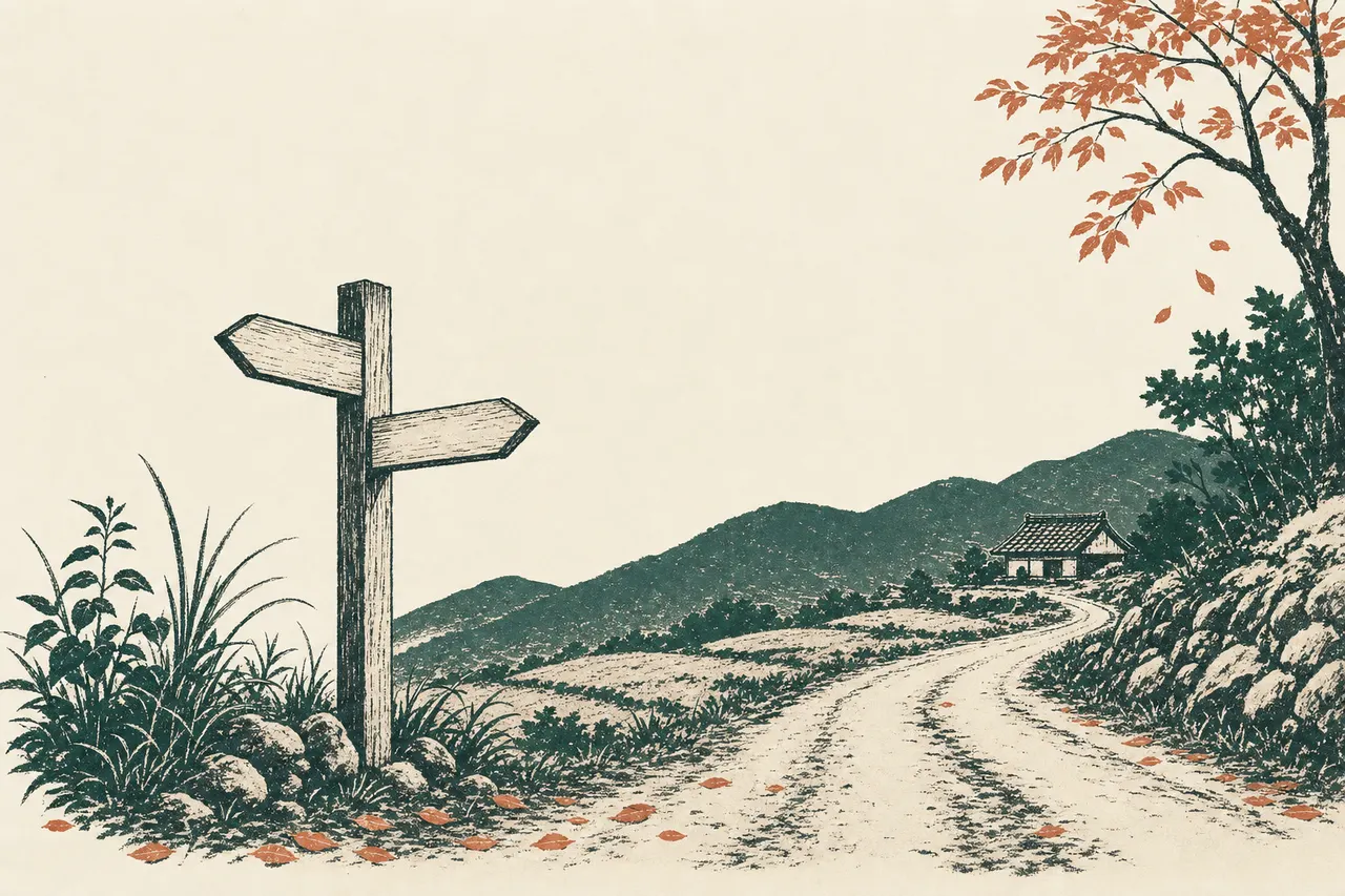 里山の一本道と、道の分かれ目に立つ古い道標。遠くに実家の屋根が見える版画。